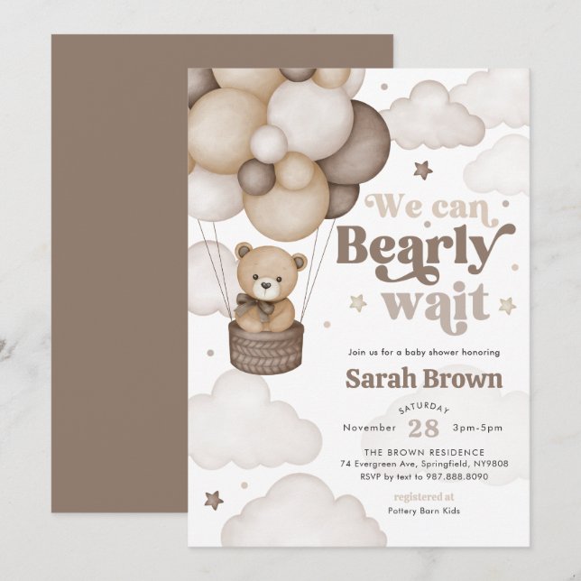 Convite de Chá de Bebê Balão de Urso Marrom (Frente/Verso)