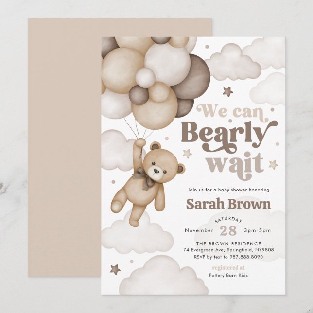 Convite de Chá de Bebê Balão de Urso Marrom (Frente/Verso)