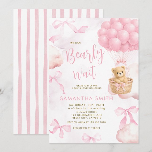 Convite de Chá de Bebê Balão Nublado Urso ROSA (Frente/Verso)