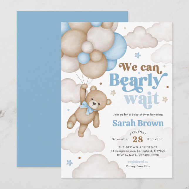 Convite de Chá de Bebê Balão Urso Azul (Frente/Verso)