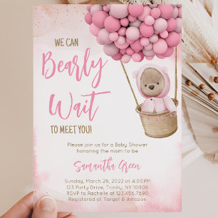 Convite de Chá de Bebê Balão Urso Rosa