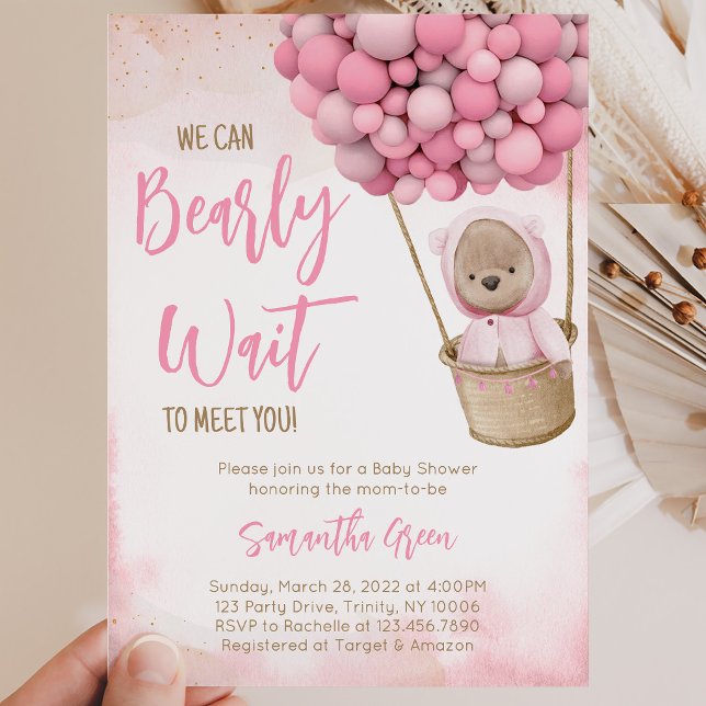 Convite de Chá de Bebê Balão Urso Rosa (Criador carregado)