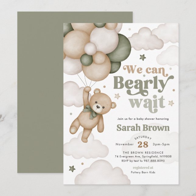 Convite de Chá de Bebê Balão Urso Verde (Frente/Verso)