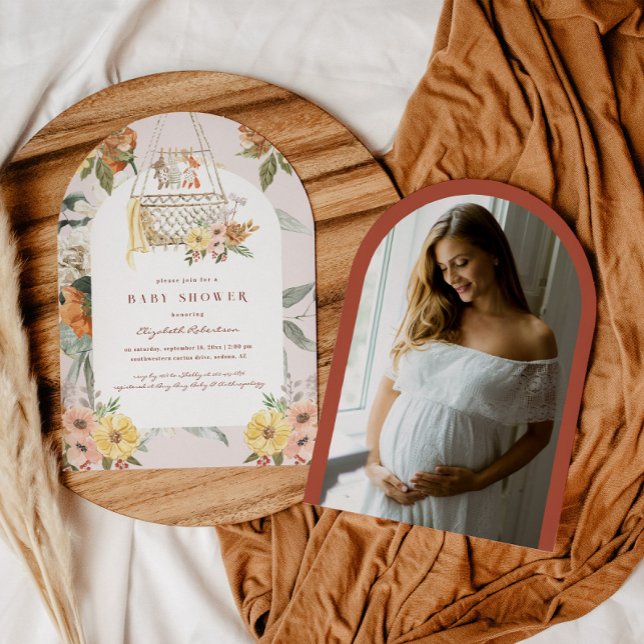 Convite de Chá de Bebê Berço Floral Boho | Chá de  (Criador carregado)