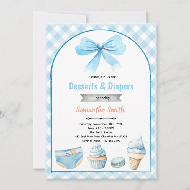 Convite de chá de bebê Blue Desserts and Diapers (Frente)