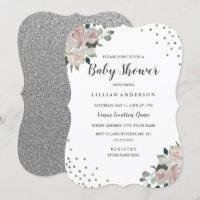 Convite de Chá de Bebê Blush Silver Floral Confett