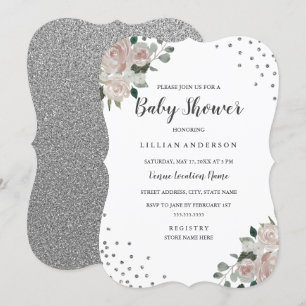 Convite de Chá de Bebê Blush Silver Floral Confett