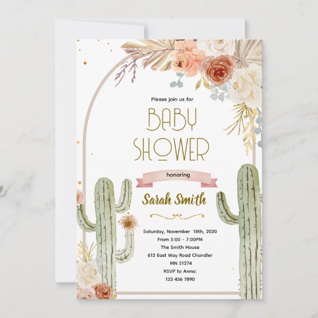 Convite de chá de bebê Boho cactus baby shower (Frente)