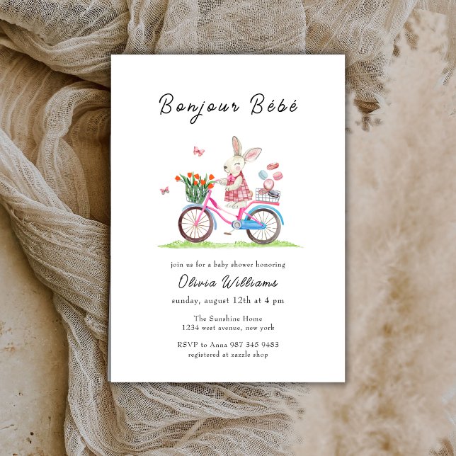 Convite de Chá de Bebê Bonjour Bébé Coelho Bicicle (Bonjour Bébé Rabbit Bicycle Macarons Baby Shower Invitation)