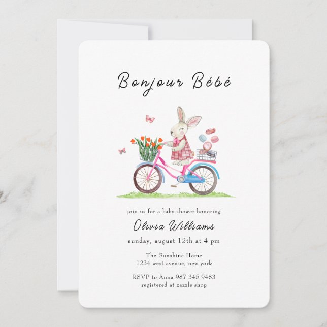 Convite de Chá de Bebê Bonjour Bébé Coelho Bicicle (Frente)