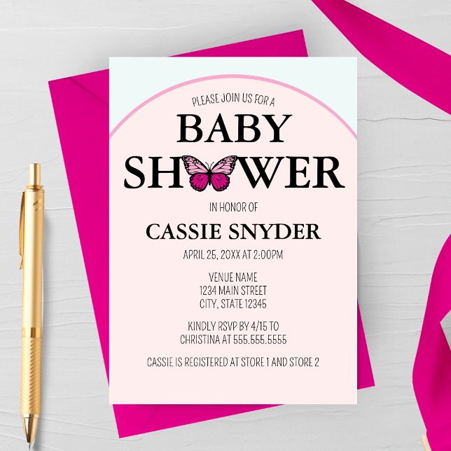 Convite de Chá de Bebê Borboleta Rosa com Moldura  (Arched Butterfly Pink Spring Baby Shower Invitation)