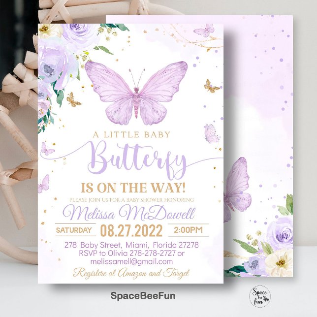 Convite de Chá de Bebê Borboleta Roxa Menina (purple butterfly invitation,baby shower invitation,girl butterfly theme,baby shower invite,butterfly)