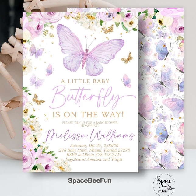 Convite de Chá de Bebê Borboleta Roxa Menina (Purple Butterfly invitation,Baby Shower Invitation,Girl Butterfly Theme,baby shower invite,)