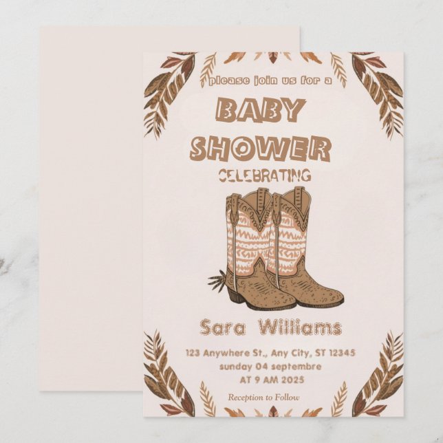 Convite de chá de bebê Botas de Cowboy Boho (Frente/Verso)