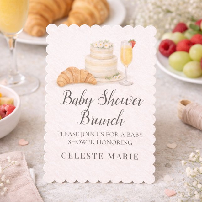Convite de Chá de Bebê Brunch (Soft beige brunch baby shower with cake, croissant, and mimosa detail)