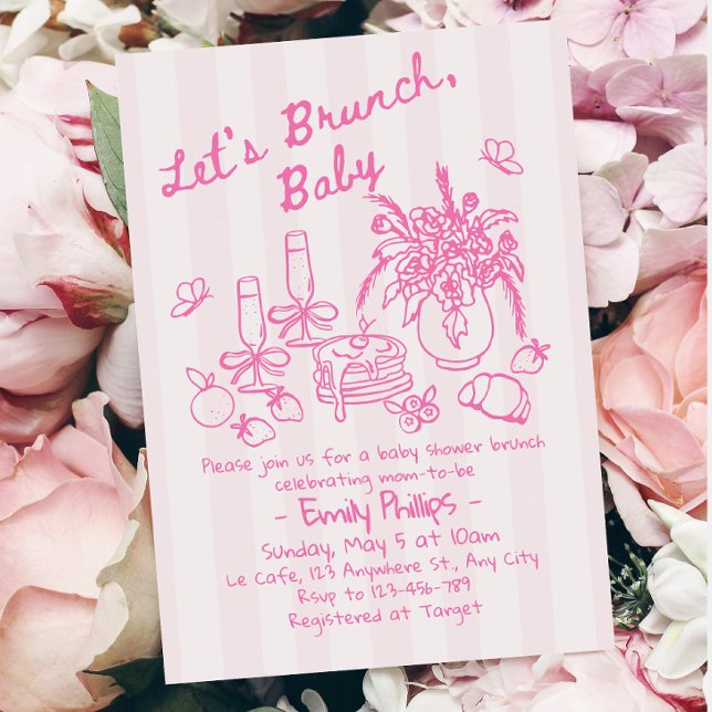 Convite de Chá de Bebê Brunch | Listras Rosa (Criador carregado)