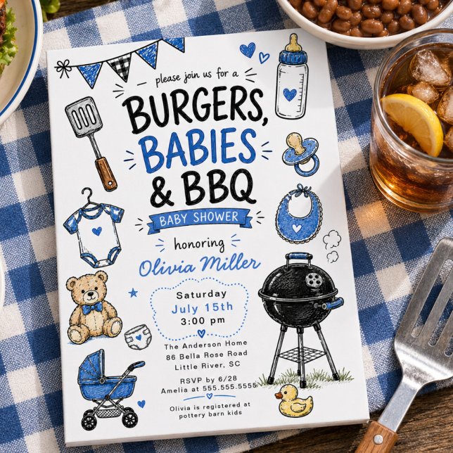 Convite de Chá de Bebê Burgers, Bebês & BBQ (Criador carregado)