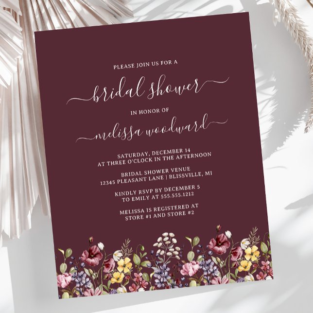 Convite de Chá de Bebê Burgundy Orçamento Florais  (Criador carregado)