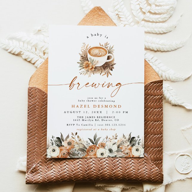 Convite de Chá de Bebê Café, Um Bebê Está Sendo Pr (Boho Fall Floral Espresso Latte A Baby Is Brewing Coffee Baby Shower Invitation)