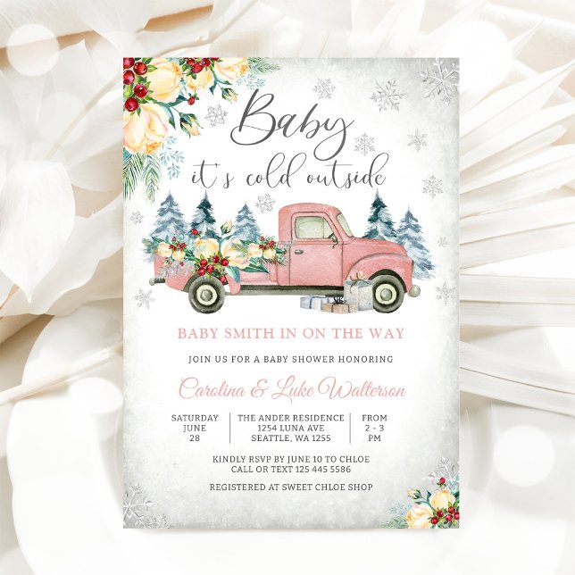 Convite de Chá de Bebê Caminhão Rosa de Inverno (Criador carregado)