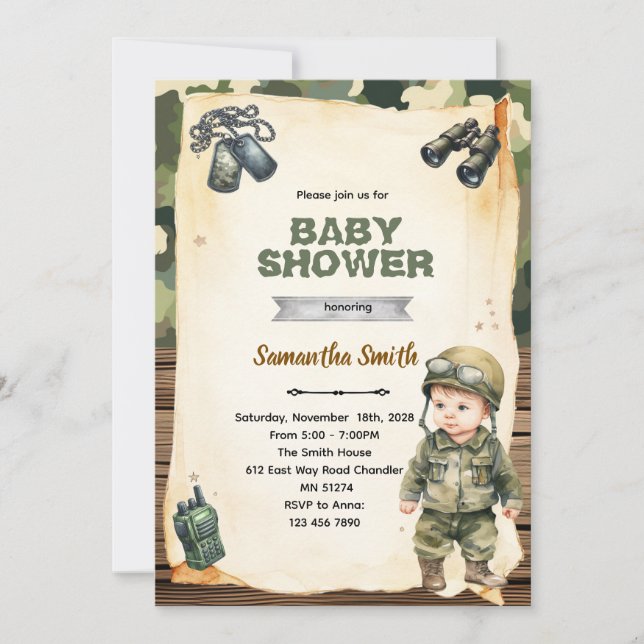 Convite de Chá de Bebê Camuflagem do Exército (Frente)