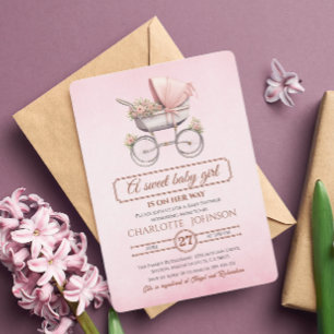 Convite de Chá de Bebê Carrinho de Bebê Floral Vin