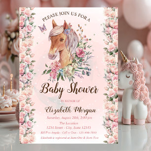 Convite de Chá de Bebê Cavalinho Flores Rosas Estr