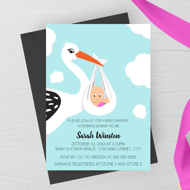 Convite de Chá de Bebê Cegonha Fofa (Modern Sleek Stork Baby Shower Invitation for GIrls)