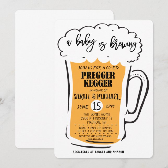 Convite de Chá de Bebê Cerveja Pregger Kegger (Frente/Verso)