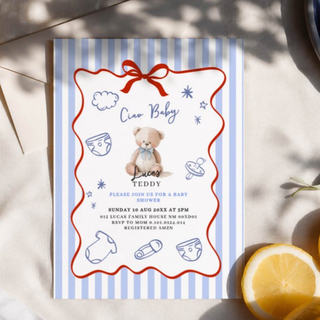 Convite de chá de bebê Ciao bambino azul (Criador carregado)