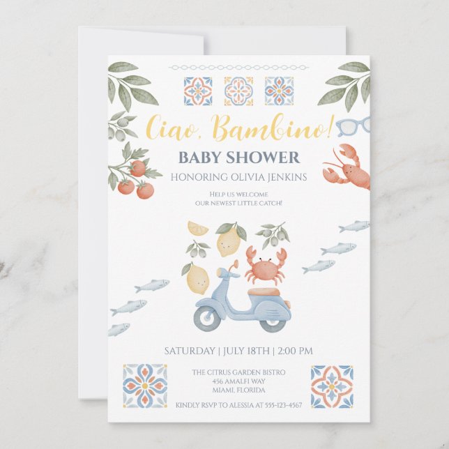Convite de Chá de Bebê Ciao Bambino Costa Amalfi (Frente)
