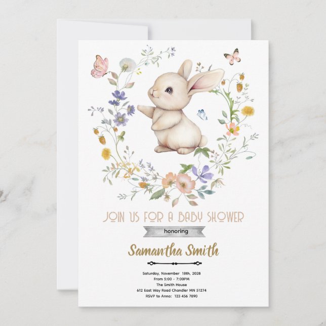 convite de chá de bebê coelho bunny (Frente)