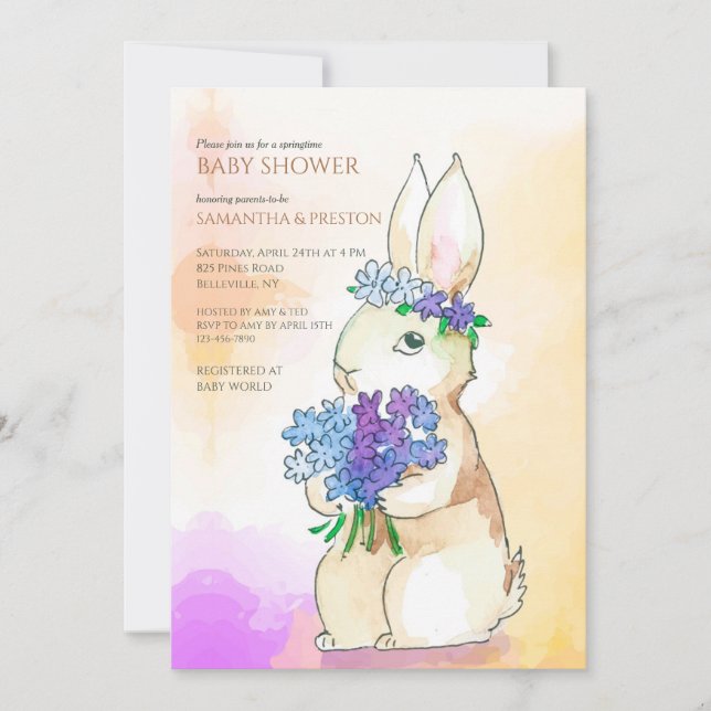 Convite de Chá de Bebê Coelho com Buquê de Flores (Frente)