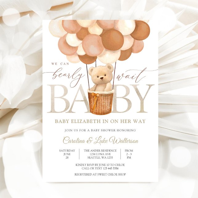 Convite de Chá de Bebê com Balão de Urso Teddy Fof (Criador carregado)