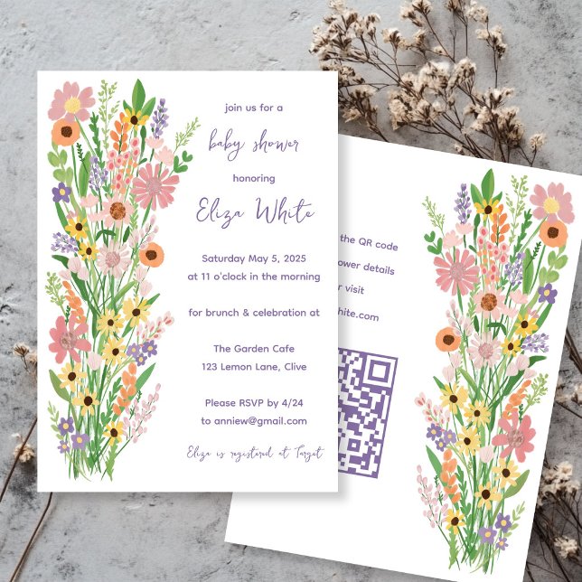 Convite de Chá de Bebê com Código QR Personalizado (Wildflowers Handpainted Custom QR code Baby Shower Invitation
)