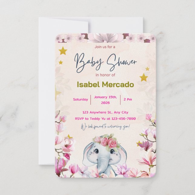 Convite de Chá de Bebê com Elefante Floral. (Frente)