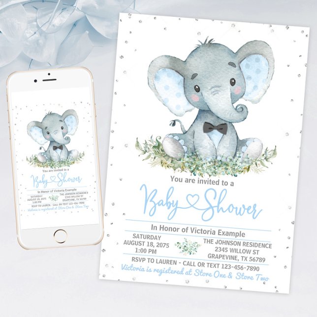 Convite de Chá de Bebê com Elefante Menino e Brilh (Boy elephant baby shower invitation with cute baby elephant. For instant download and print.)