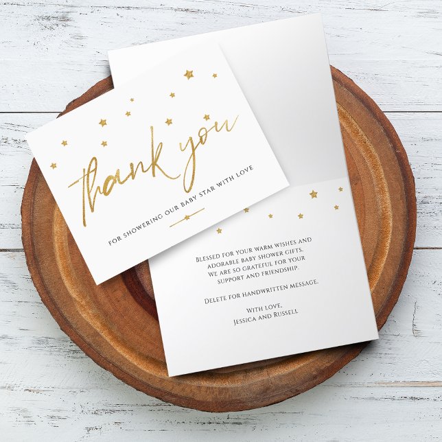 Convite de Chá de Bebê com Estrelas Douradas Dobra (Gold Stars Baby Shower Folded Thank You Card)