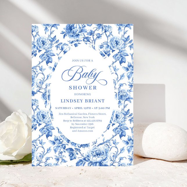 Convite de Chá de Bebê com Floral Rosa em Toile Az (Elegant Blue Toile Rose Floral Baby Shower Invitation)