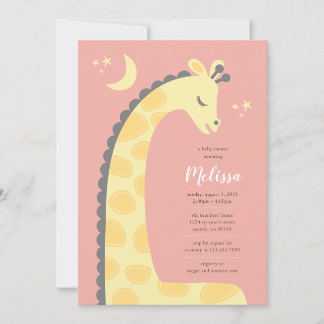 Convite de Chá de Bebê com Fundo Rosa e Girafa (Frente)