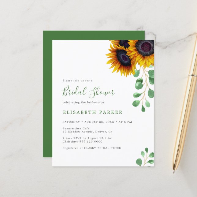 Convite de chá de bebê com girassóis e eucalipto e (Frente/Verso In Situ)