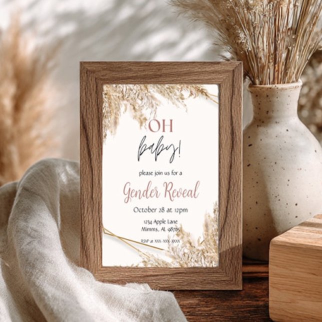 Convite de Chá de Bebê com Grama das Pampas | Boho (Elegant Boho Gender Reveal Invitation. Features soft pampas grass and gold accents. Shop now!)