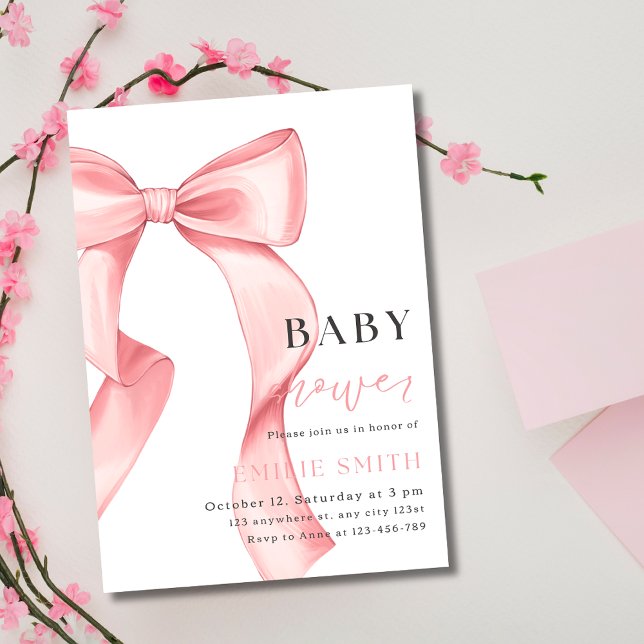 Convite de Chá de Bebê com Laço Rosa, Chá de Bebê  (Criador carregado)