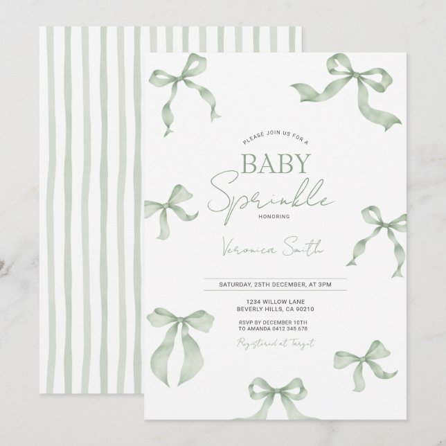 Convite de Chá de Bebê com Laço Verde Sage (Frente/Verso)