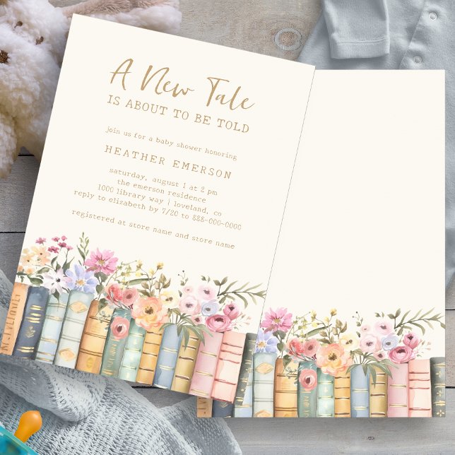 Convite de Chá de Bebê com Livros da Biblioteca (Floral Library Books Baby Shower Invitation by Painted Paperie
)