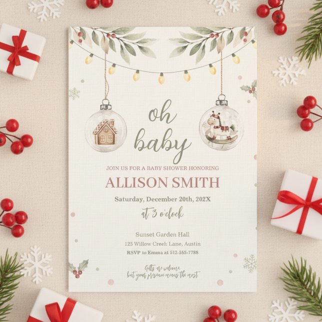 Convite de Chá de Bebê com Ornamentação de Vidro T (December Baby Celebration
Holiday Baby Theme)