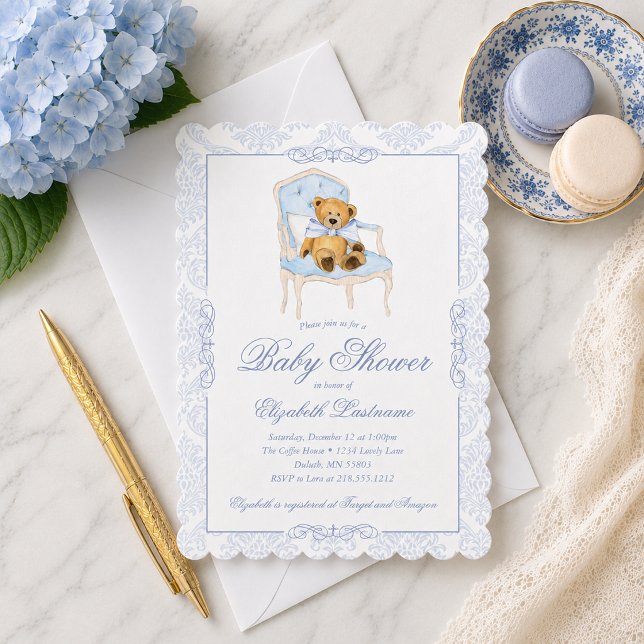 Convite de Chá de Bebê com Urso Teddy de Laço Azul (Teddy Bear Blue Bow Baby Shower Invitation)