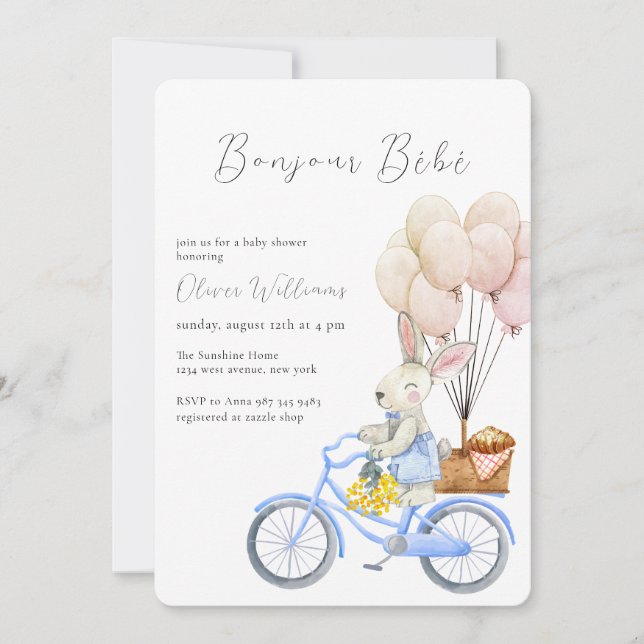 Convite de Chá de Bebê Croissant Balão Bicicleta B (Frente)
