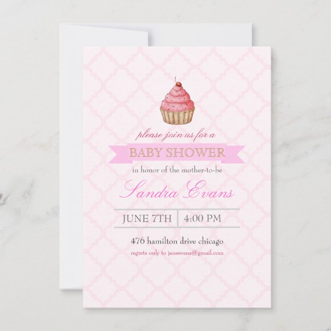 Convite de Chá de Bebê Cupcake com Confeitos Rosa (Frente)