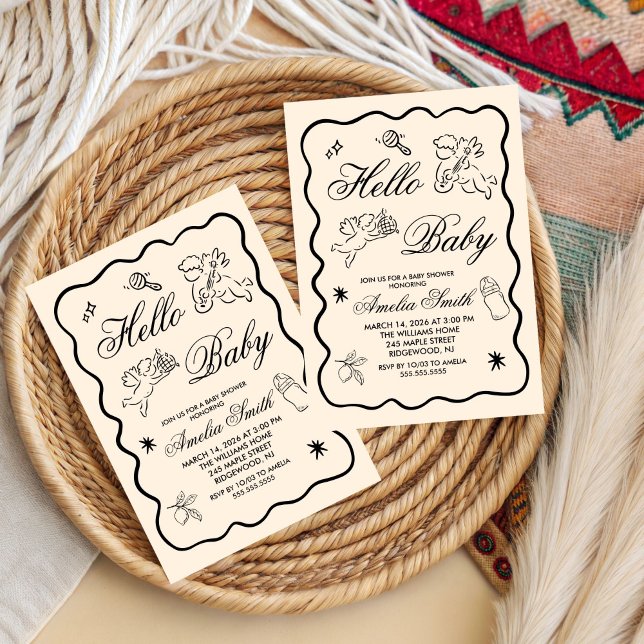 Convite de Chá de Bebê Cupido Doodle Neutro em Gên (Criador carregado)